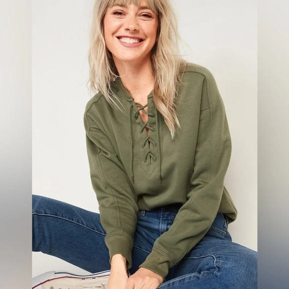 NWT old navy Women’s 3X Olive Green Lace Up Pullover Sweatshirt Top Casual Plus - Picture 1 of 6